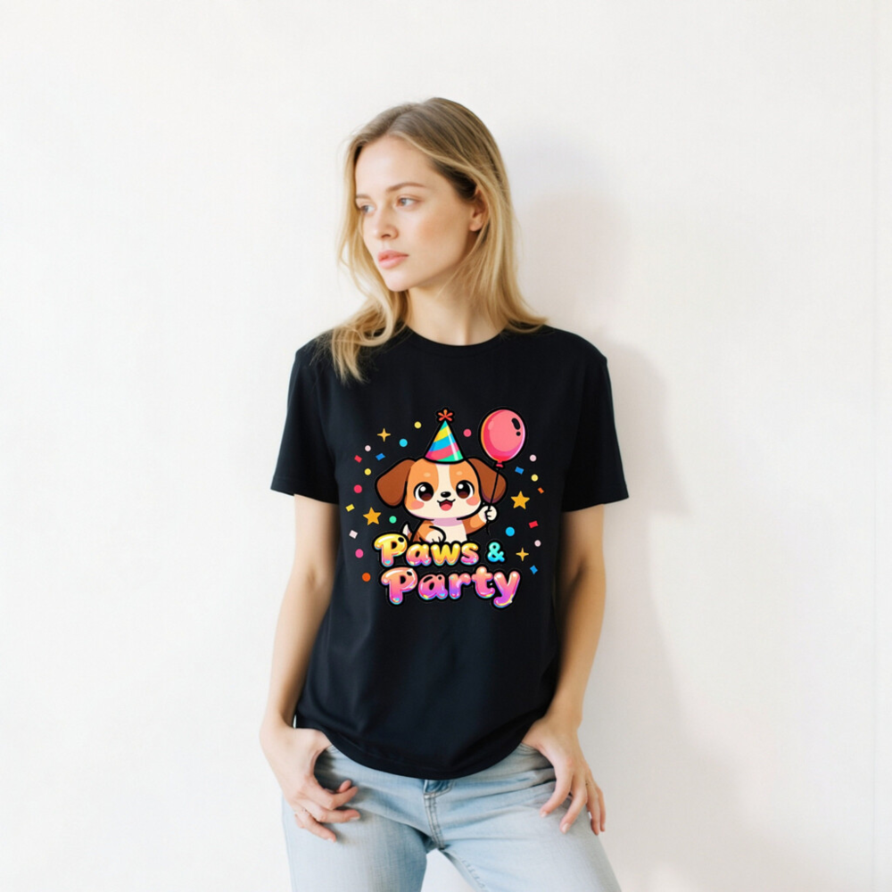 Unisex Paws & Party T-Shirt - Cute Dog with Balloon & Hat, Colorful Party Design - Image 9