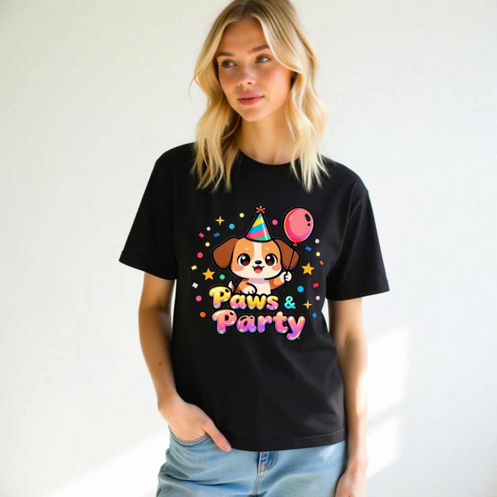 Unisex Paws & Party T-Shirt - Cute Dog with Balloon & Hat, Colorful Party Design - Image 10