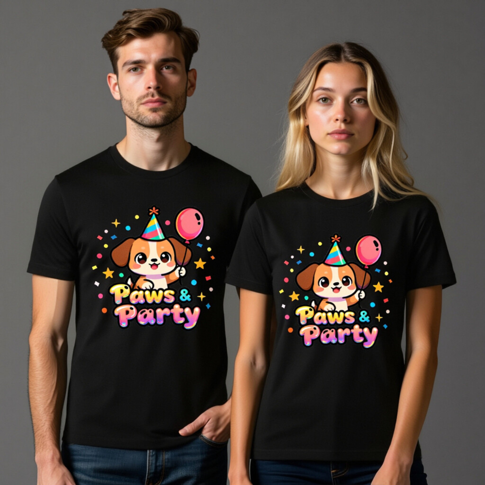 Unisex Paws & Party T-Shirt - Cute Dog with Balloon & Hat, Colorful Party Design - Image 11