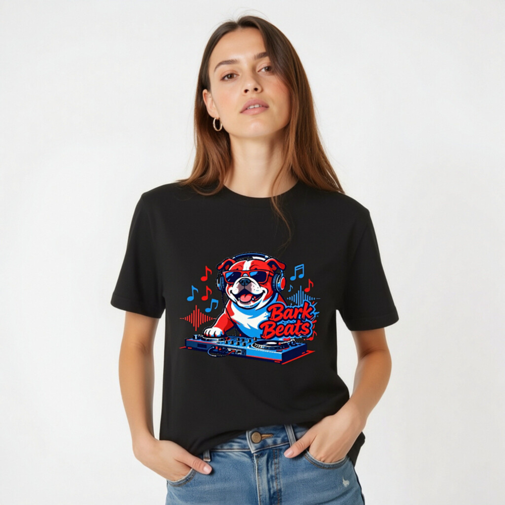 Bark Beats DJ Bulldog Unisex T-Shirt - Red/Blue Graphic Tee - Image 2
