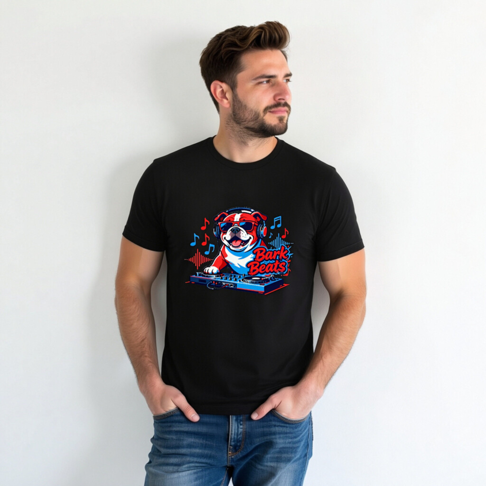 Bark Beats DJ Bulldog Unisex T-Shirt - Red/Blue Graphic Tee - Image 4