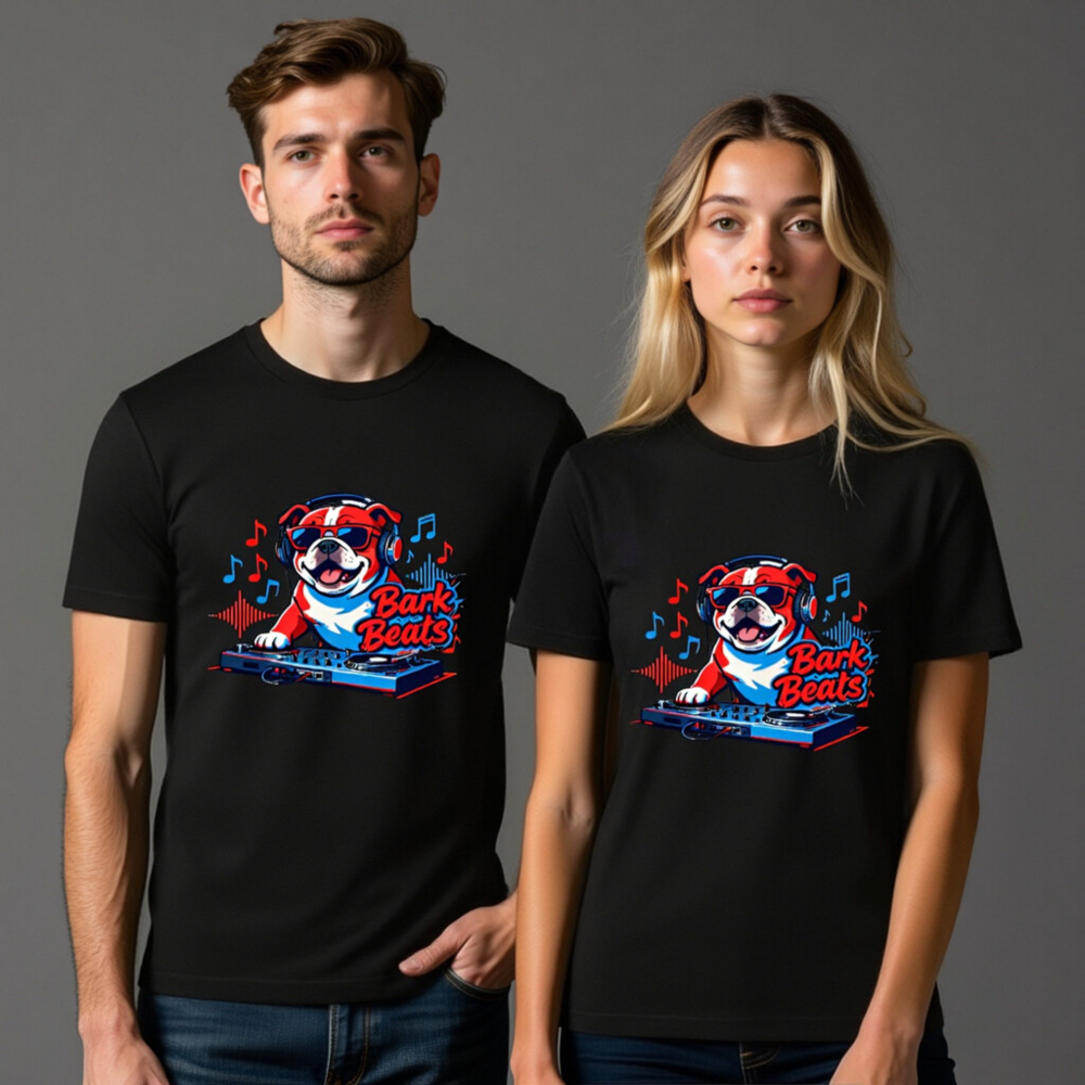 Bark Beats DJ Bulldog Unisex T-Shirt - Red/Blue Graphic Tee - Image 11