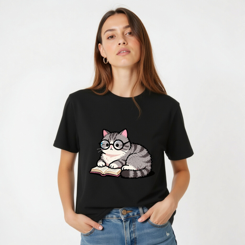Unisex Staple T-Shirt - Cute Gray Tabby Cat Reading Book with Glasses - Image 2