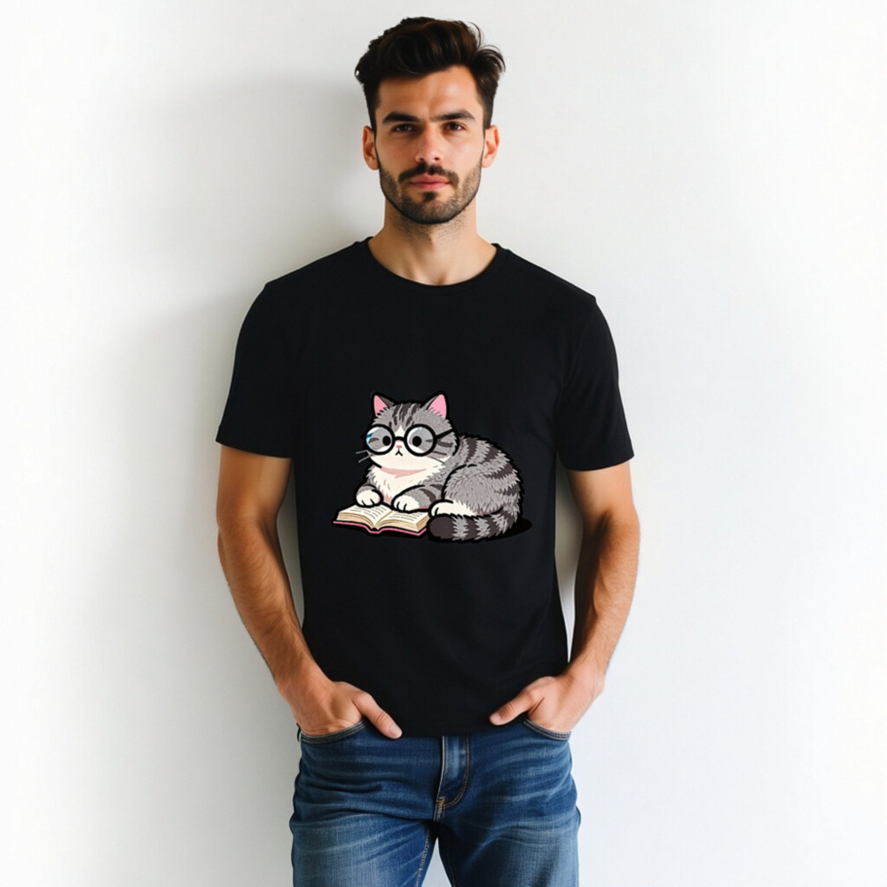 Unisex Staple T-Shirt - Cute Gray Tabby Cat Reading Book with Glasses - Image 3