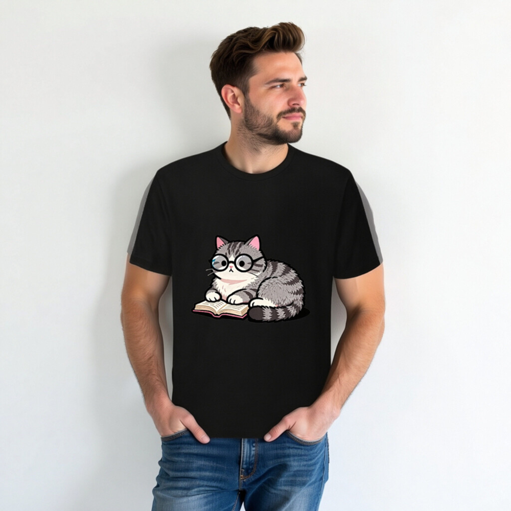 Unisex Staple T-Shirt - Cute Gray Tabby Cat Reading Book with Glasses - Image 4