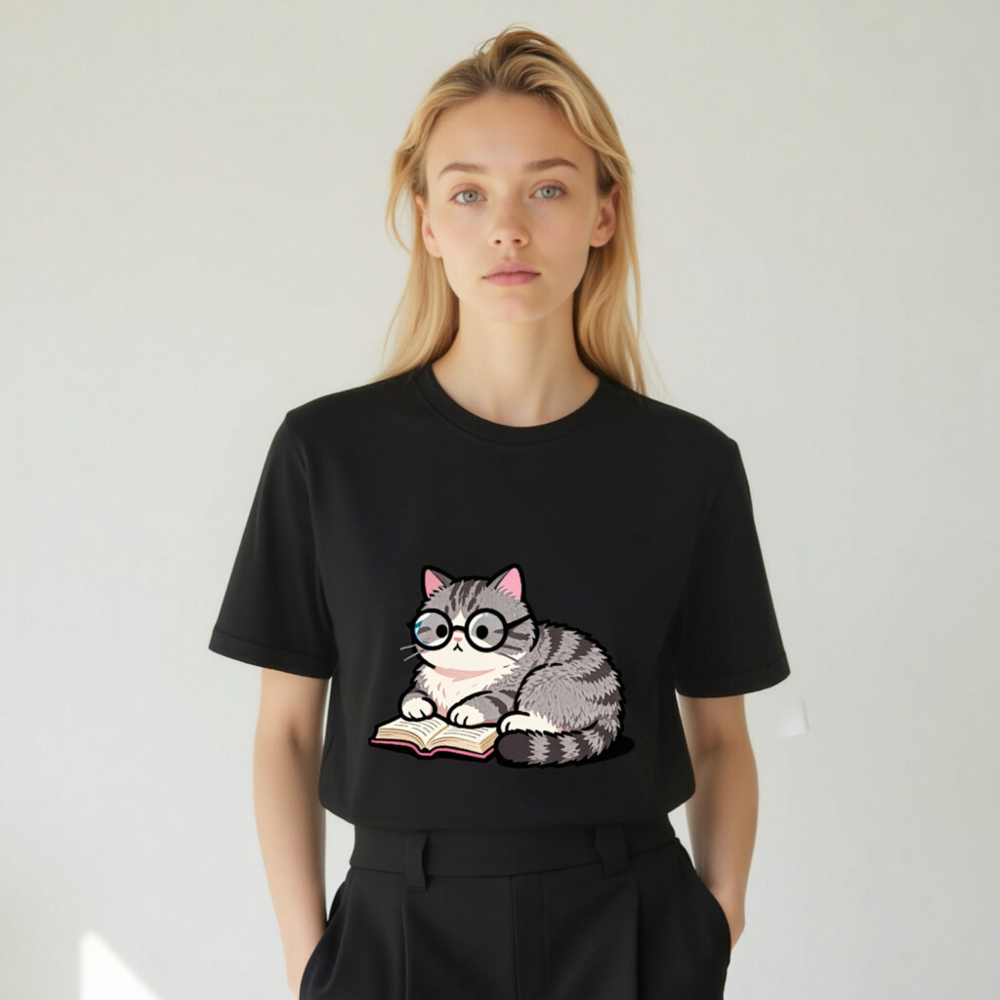 Unisex Staple T-Shirt - Cute Gray Tabby Cat Reading Book with Glasses - Image 5