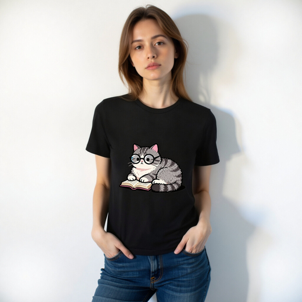 Unisex Staple T-Shirt - Cute Gray Tabby Cat Reading Book with Glasses - Image 6