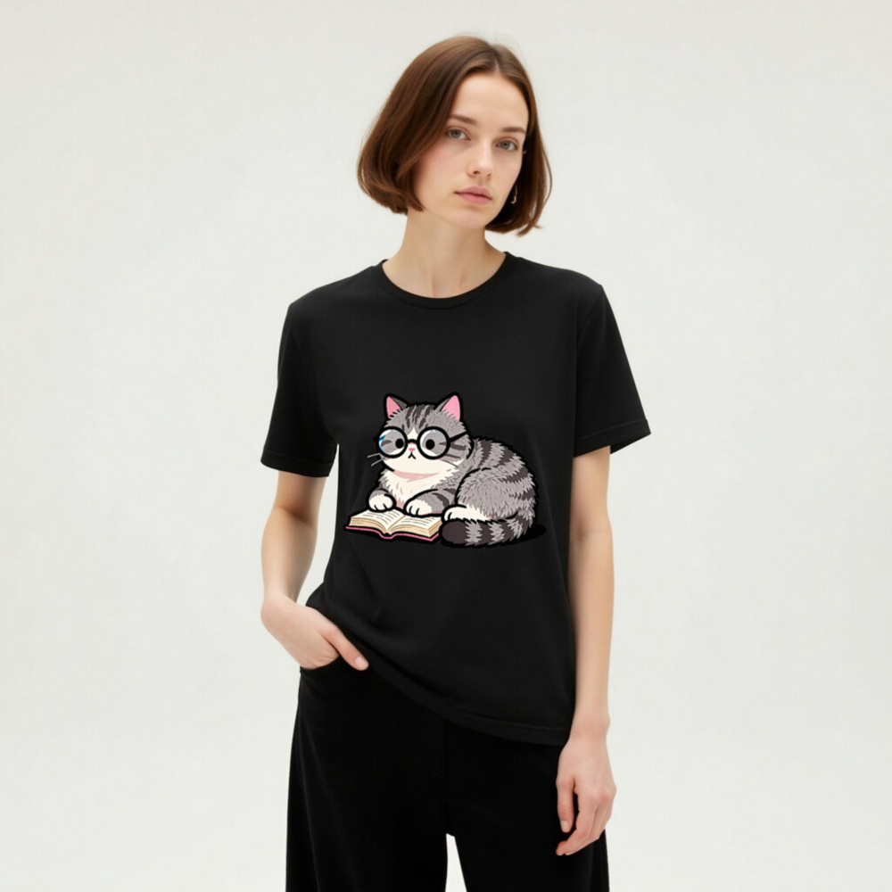 Unisex Staple T-Shirt - Cute Gray Tabby Cat Reading Book with Glasses - Image 7