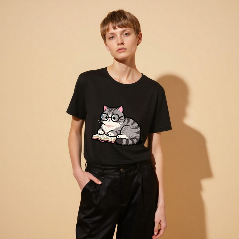 Unisex Staple T-Shirt - Cute Gray Tabby Cat Reading Book with Glasses - Image 8