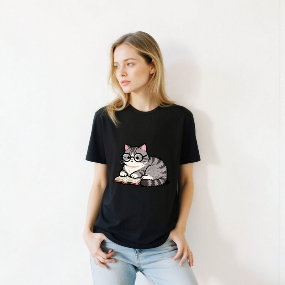 Unisex Staple T-Shirt - Cute Gray Tabby Cat Reading Book with Glasses - Image 9
