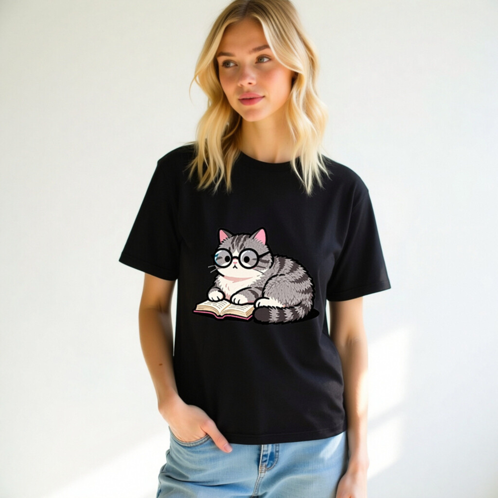 Unisex Staple T-Shirt - Cute Gray Tabby Cat Reading Book with Glasses - Image 10