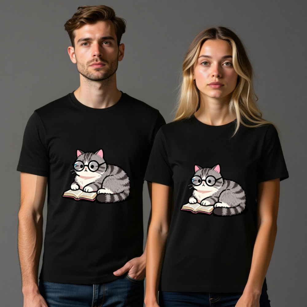 Unisex Staple T-Shirt - Cute Gray Tabby Cat Reading Book with Glasses - Image 11