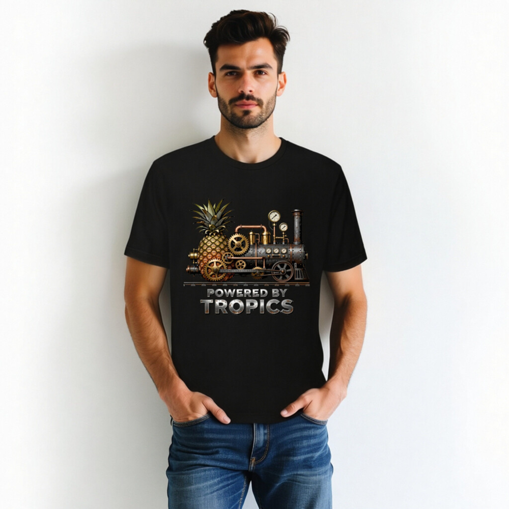 Unisex T-Shirt Powered by Tropics - Pineapple Steam Train Design - Image 3