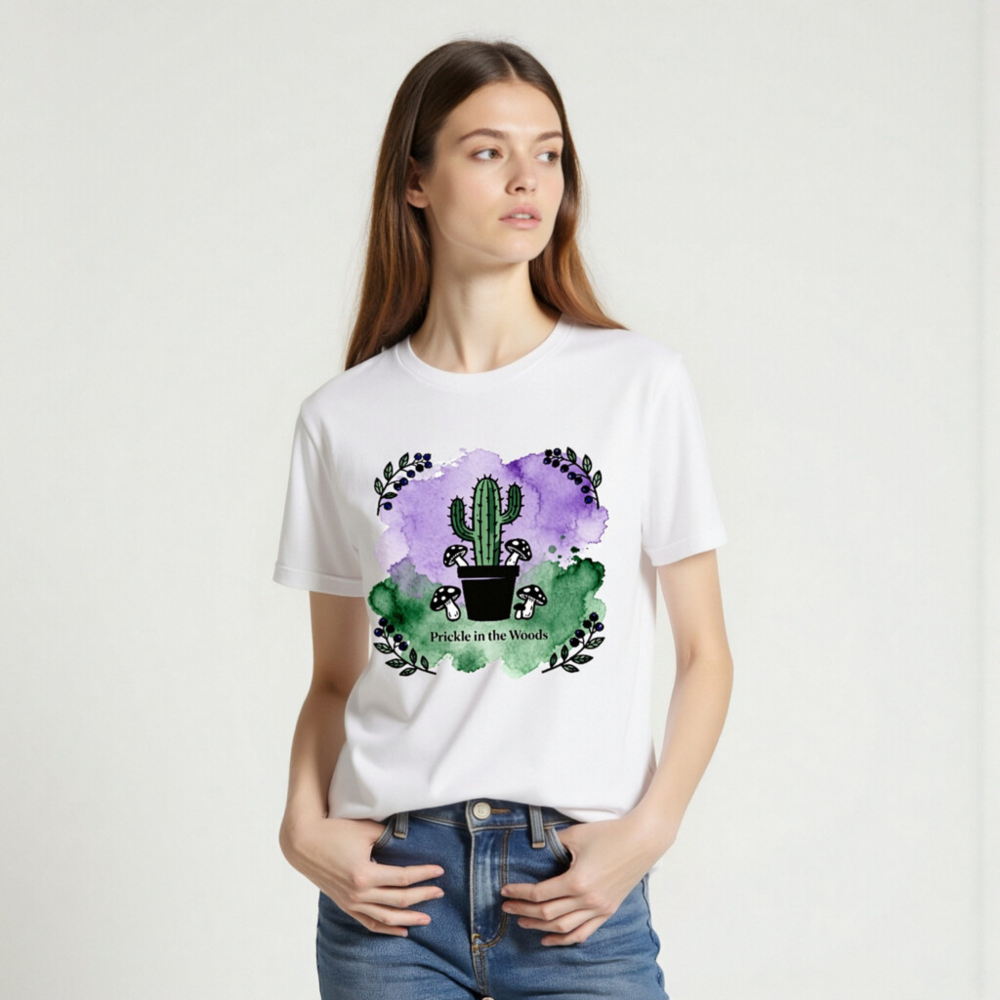Prickle in the Woods Unisex Staple T-Shirt | Cactus & Mushrooms Watercolor Design - Image 2