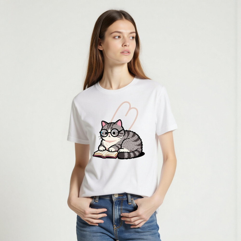 Unisex Staple T-Shirt - Cute Gray Tabby Cat Reading Book with Glasses - Image 2