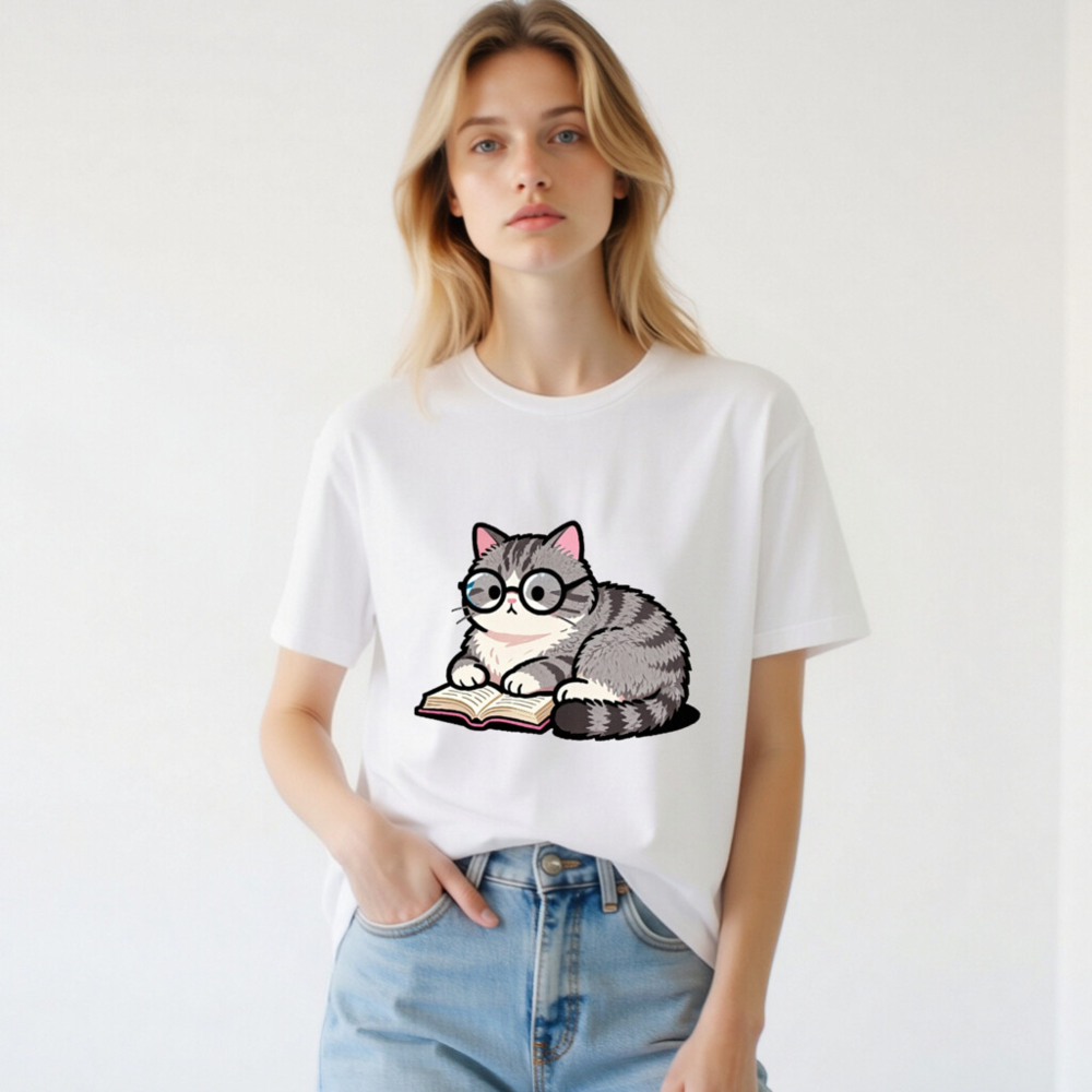 Unisex Staple T-Shirt - Cute Gray Tabby Cat Reading Book with Glasses - Image 3