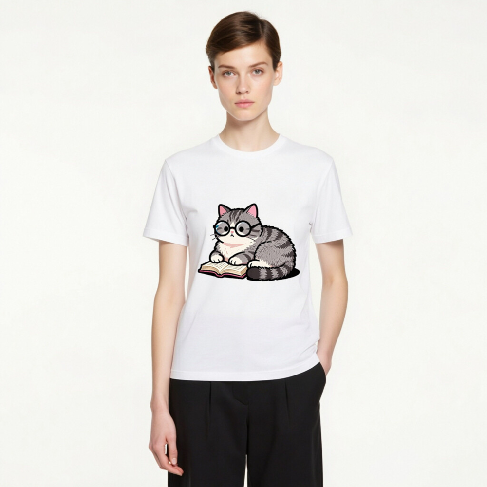 Unisex Staple T-Shirt - Cute Gray Tabby Cat Reading Book with Glasses - Image 4