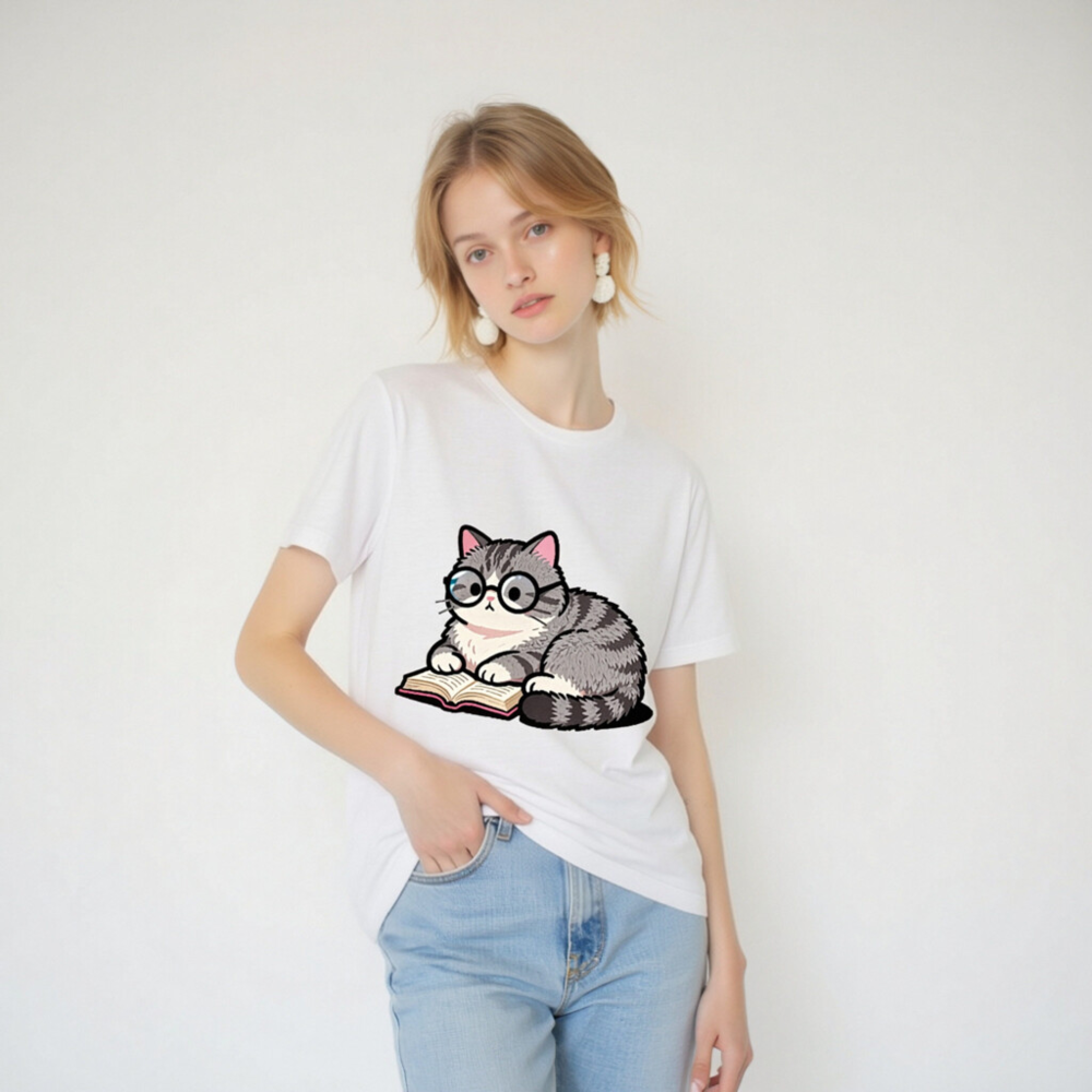 Unisex Staple T-Shirt - Cute Gray Tabby Cat Reading Book with Glasses - Image 5