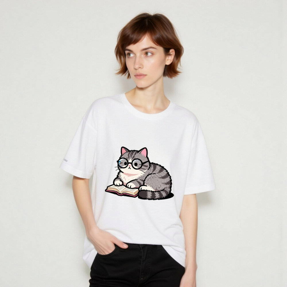 Unisex Staple T-Shirt - Cute Gray Tabby Cat Reading Book with Glasses - Image 8