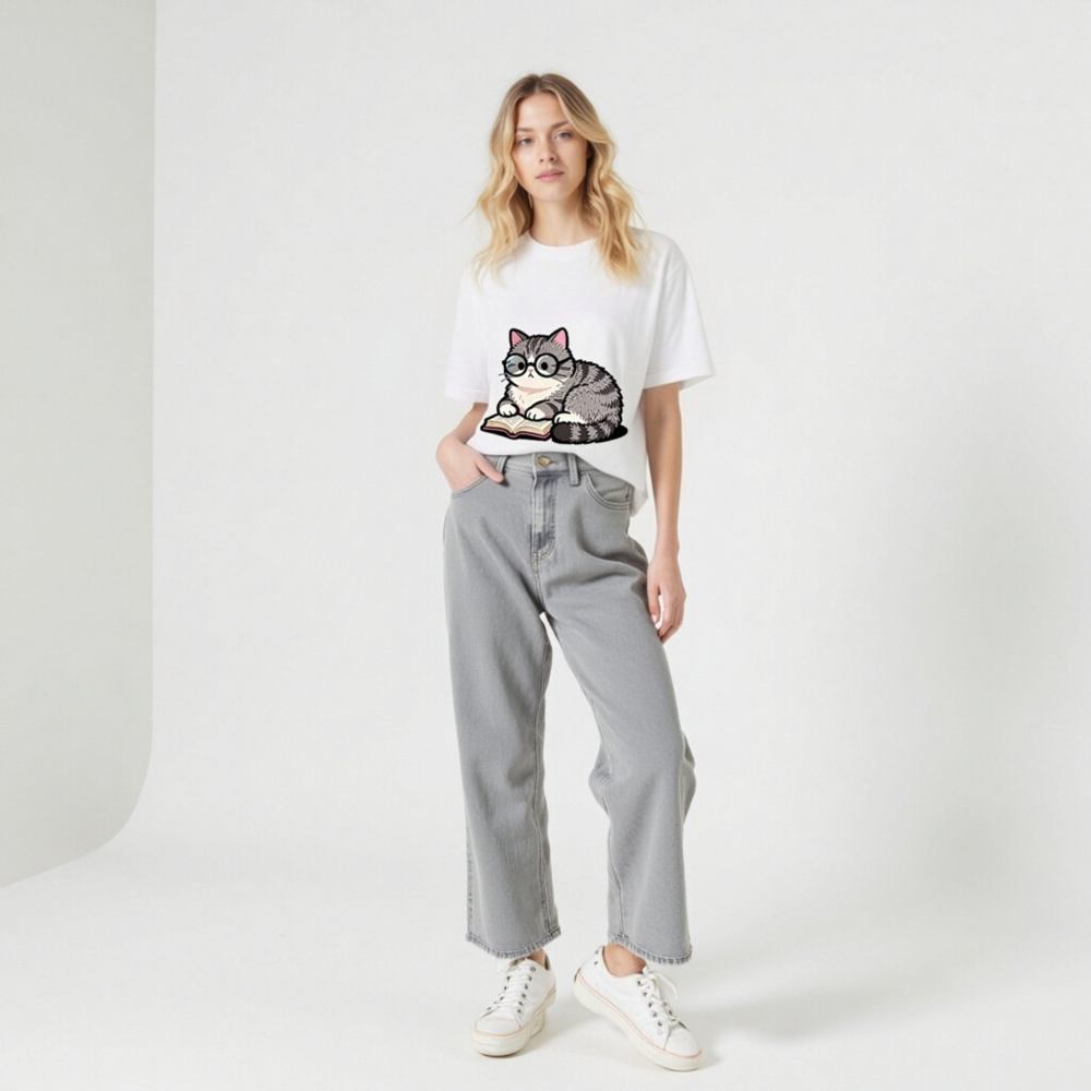 Unisex Staple T-Shirt - Cute Gray Tabby Cat Reading Book with Glasses - Image 9
