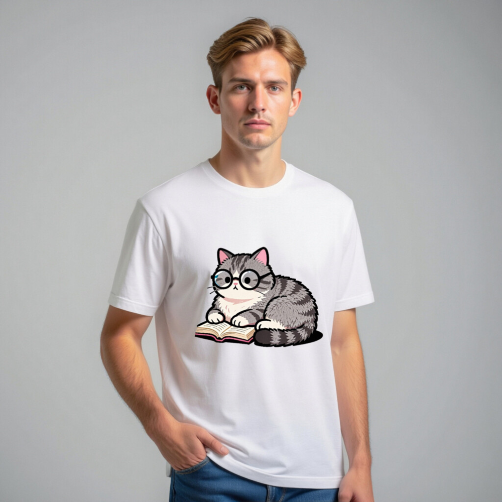 Unisex Staple T-Shirt - Cute Gray Tabby Cat Reading Book with Glasses - Image 10