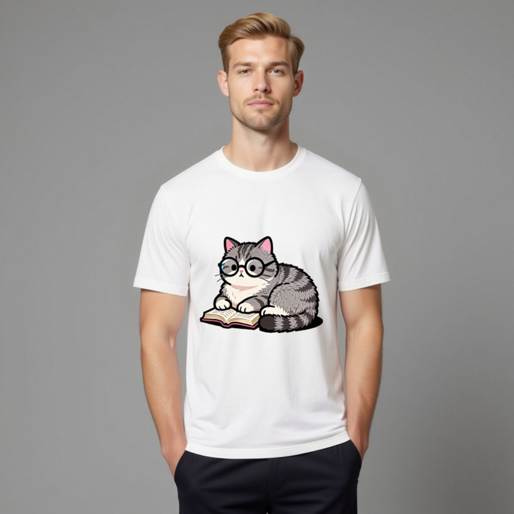 Unisex Staple T-Shirt - Cute Gray Tabby Cat Reading Book with Glasses - Image 11