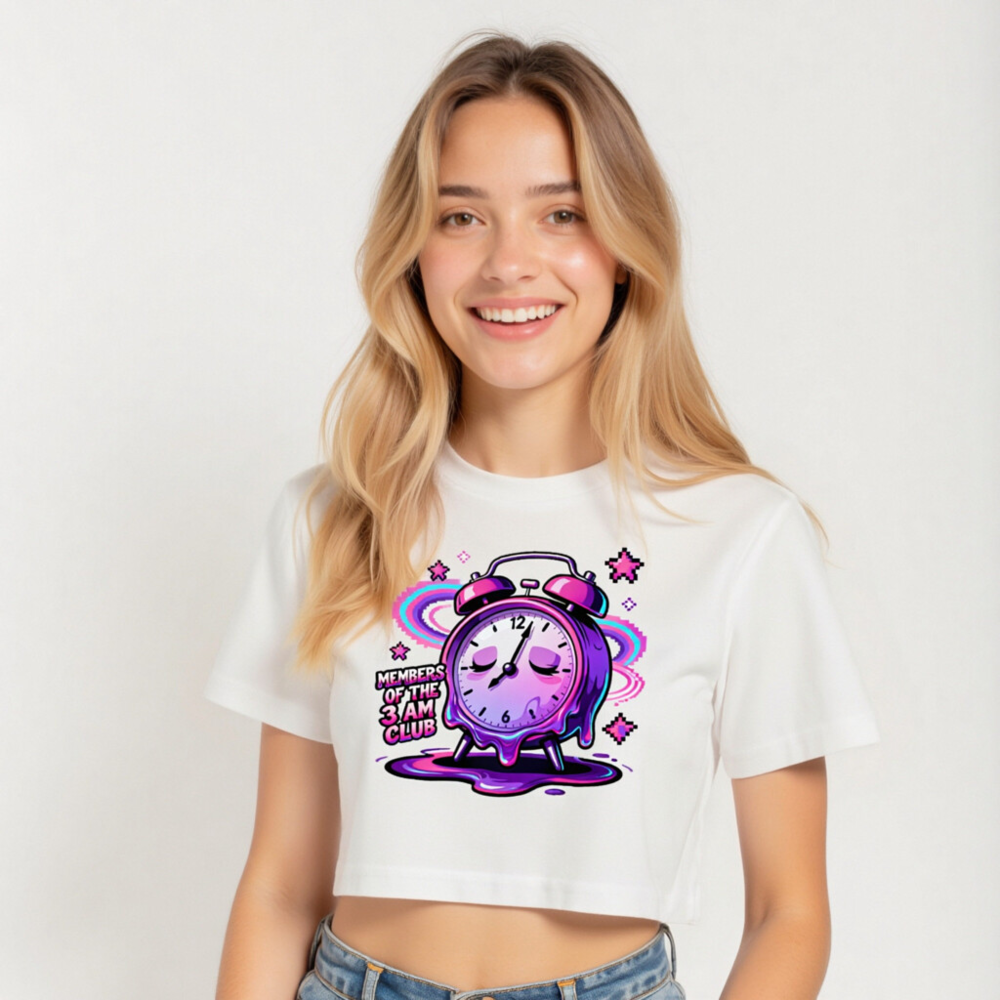 Women's Crop Top - Purple Alarm Clock Melting Design, Members of the 3 AM Club - Image 5