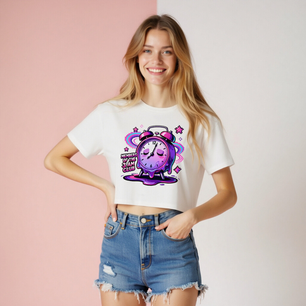 Women's Crop Top - Purple Alarm Clock Melting Design, Members of the 3 AM Club - Image 8