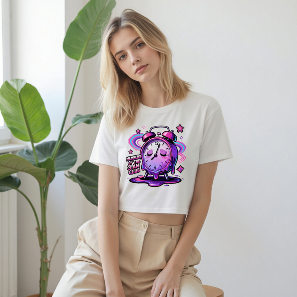 Women's Crop Top - Purple Alarm Clock Melting Design, Members of the 3 AM Club - Image 9