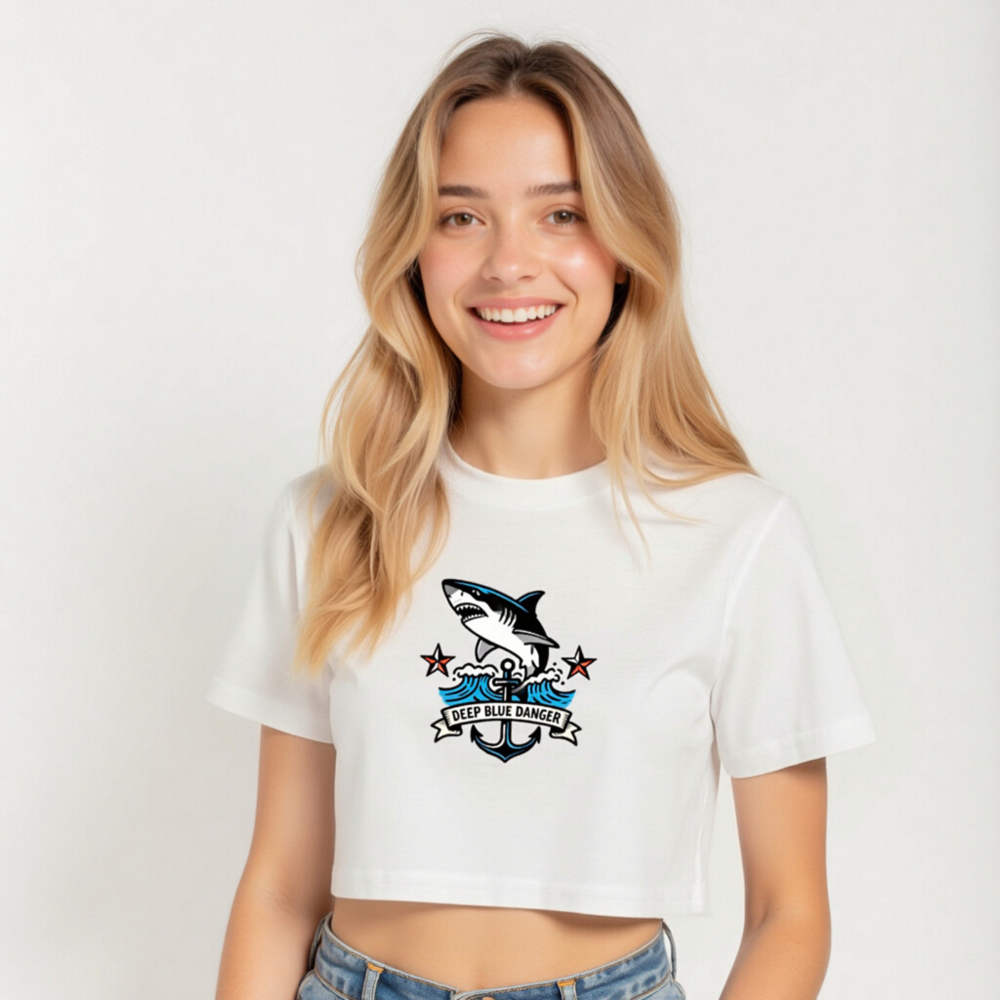 Women's Crop Top with Shark & Anchor Graphic - Deep Blue Danger - Image 5
