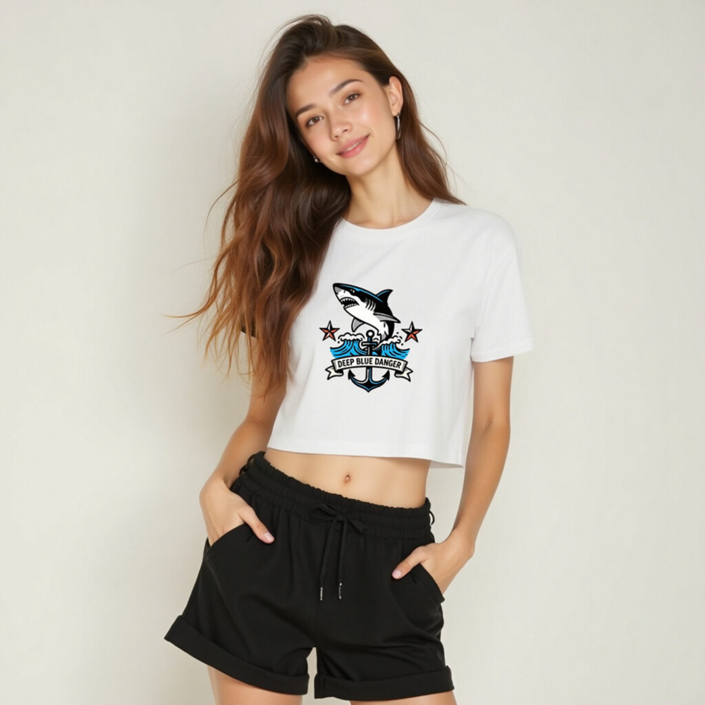 Women's Crop Top with Shark & Anchor Graphic - Deep Blue Danger - Image 6