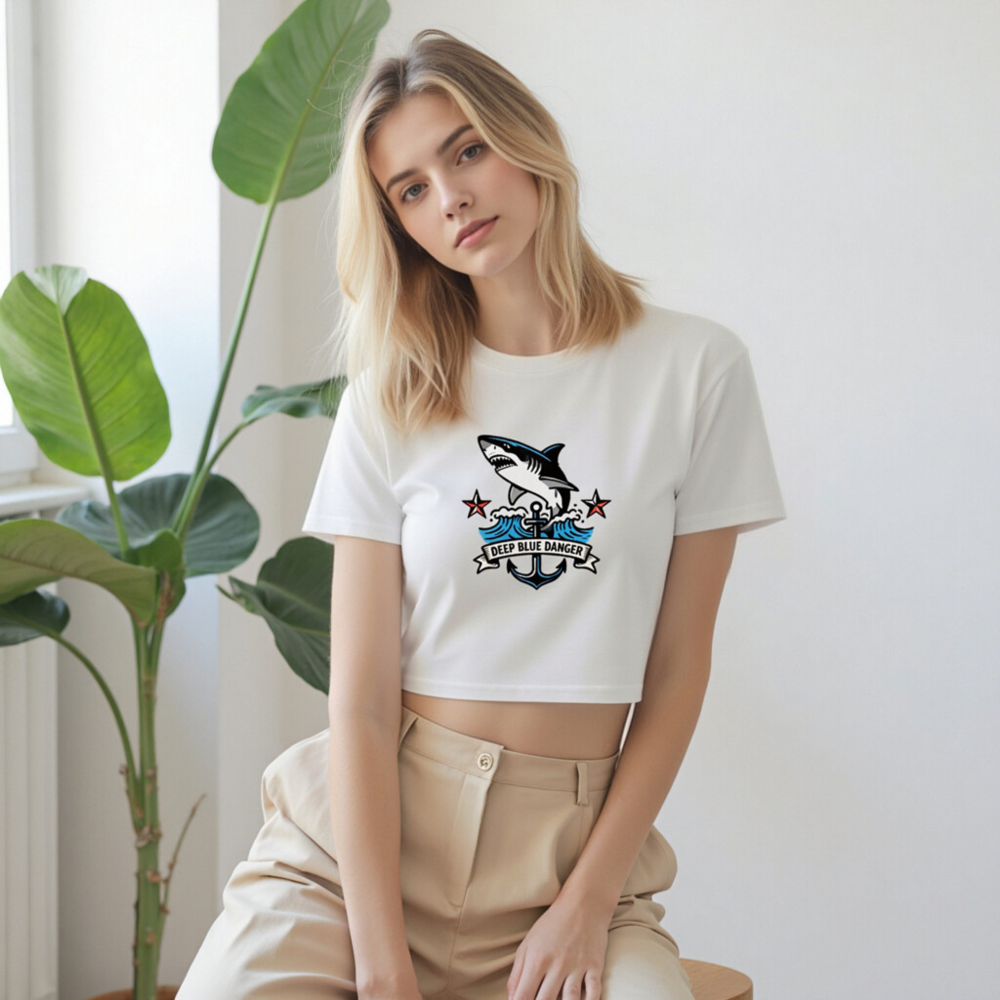 Women's Crop Top with Shark & Anchor Graphic - Deep Blue Danger - Image 9