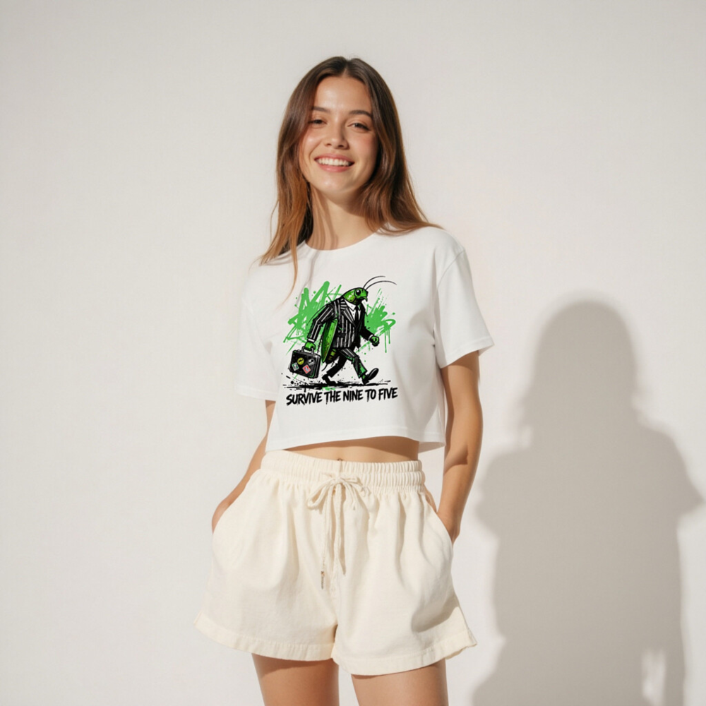 Green Grasshopper Businessman Crop Top - Survive the Nine to Five, Women's Short Sleeve - Image 4