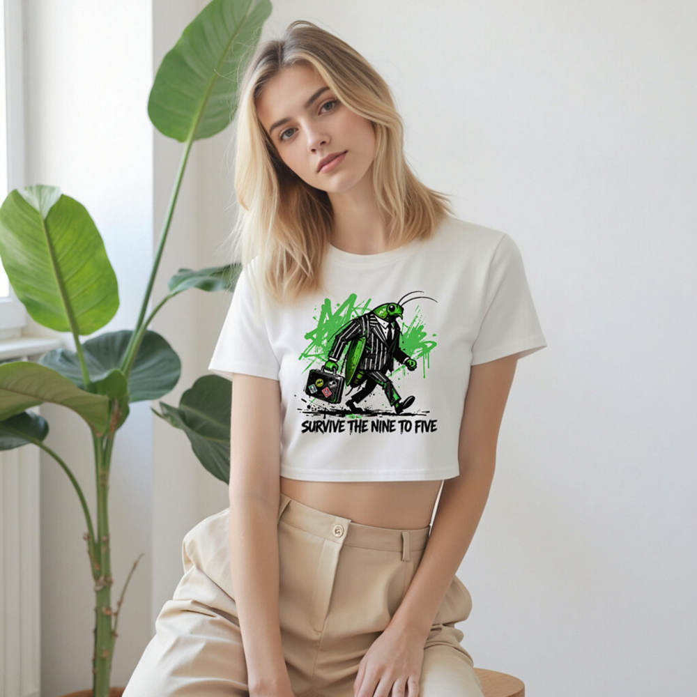 Green Grasshopper Businessman Crop Top - Survive the Nine to Five, Women's Short Sleeve - Image 9