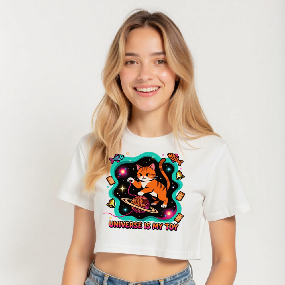 Women's Crop Top - Orange Tabby Cat Universe Toy, Space Yarn Ball Design - Image 5