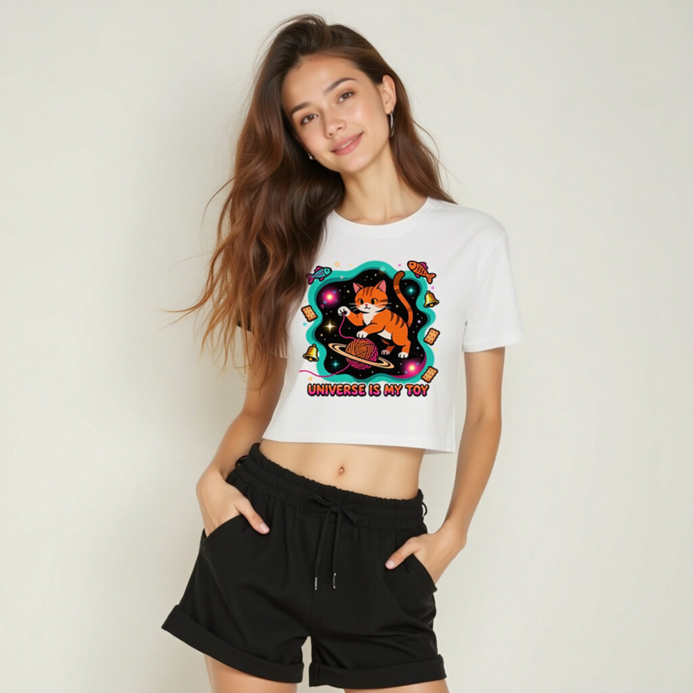 Women's Crop Top - Orange Tabby Cat Universe Toy, Space Yarn Ball Design - Image 6