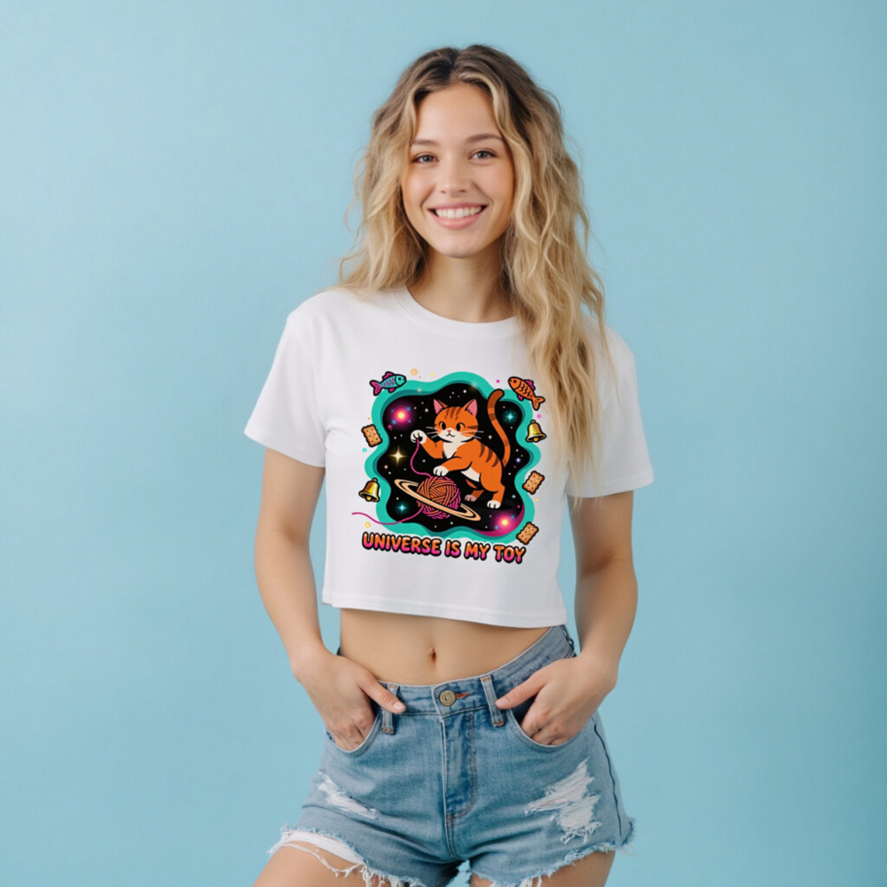 Women's Crop Top - Orange Tabby Cat Universe Toy, Space Yarn Ball Design - Image 7
