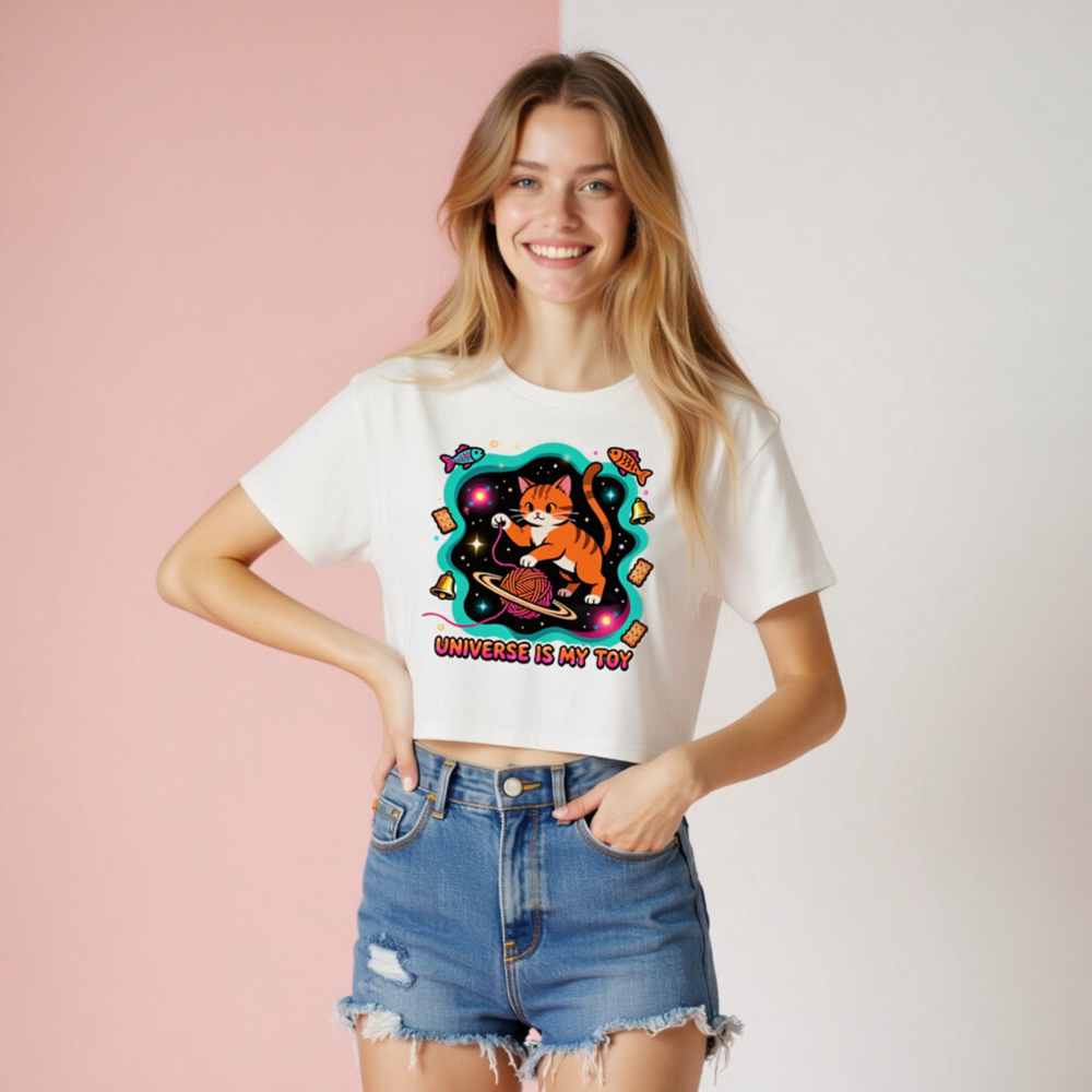 Women's Crop Top - Orange Tabby Cat Universe Toy, Space Yarn Ball Design - Image 8