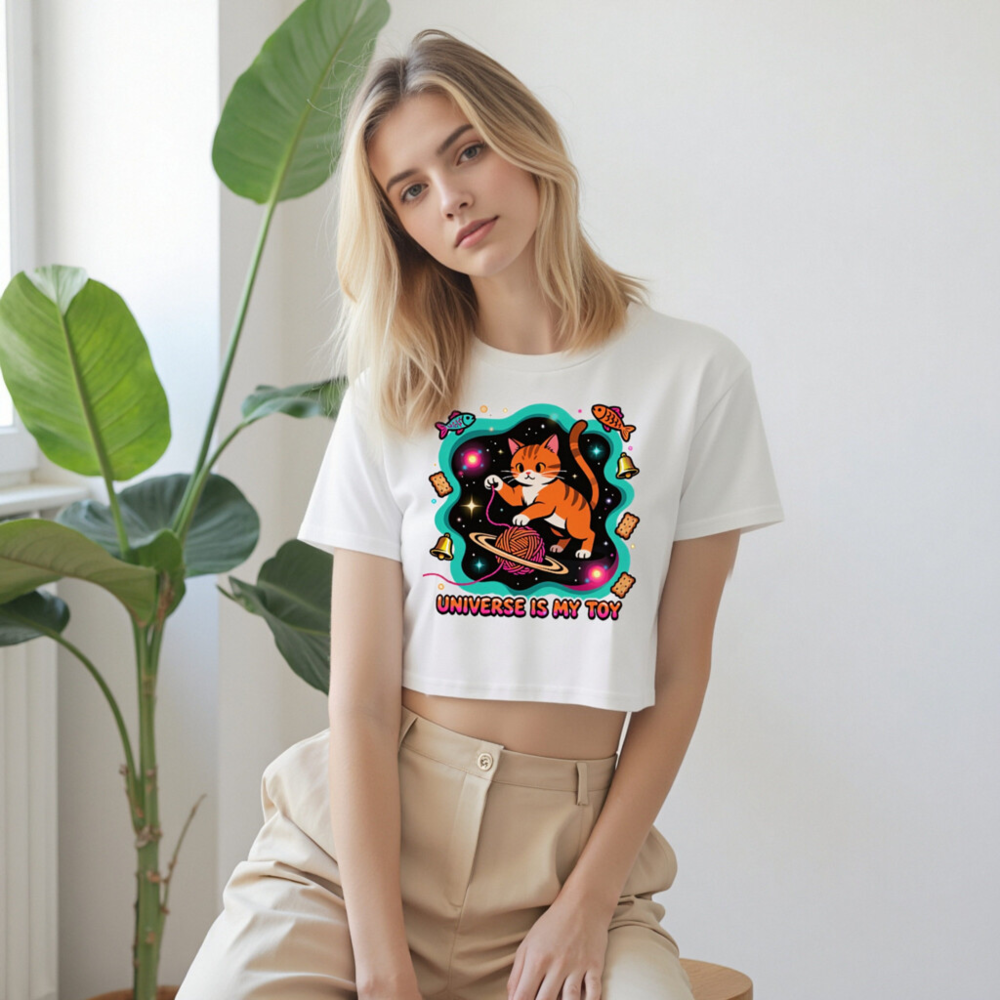 Women's Crop Top - Orange Tabby Cat Universe Toy, Space Yarn Ball Design - Image 9