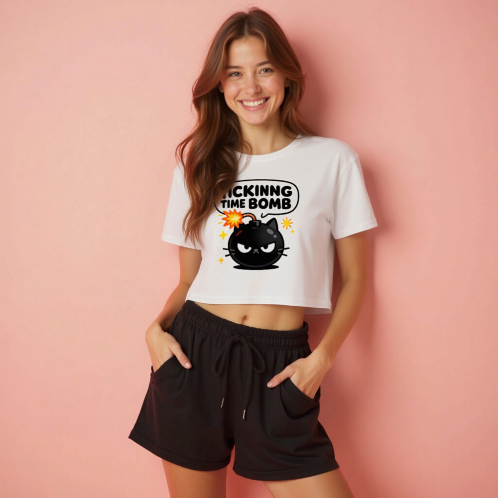 Women's Crop Top - Ticking Time Bomb Cat Graphic Tee, Short Sleeve, Casual Fit - Image 2