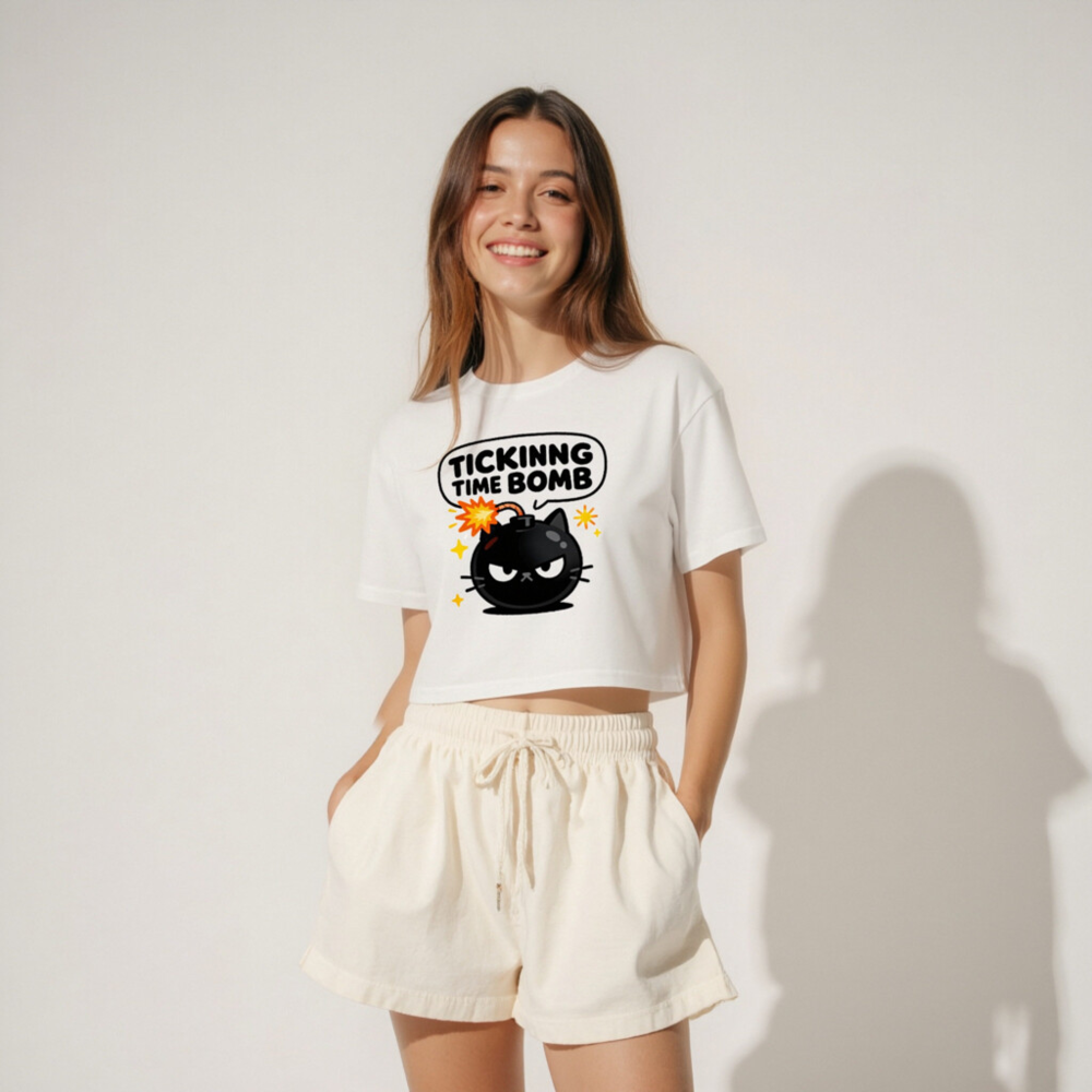 Women's Crop Top - Ticking Time Bomb Cat Graphic Tee, Short Sleeve, Casual Fit - Image 4
