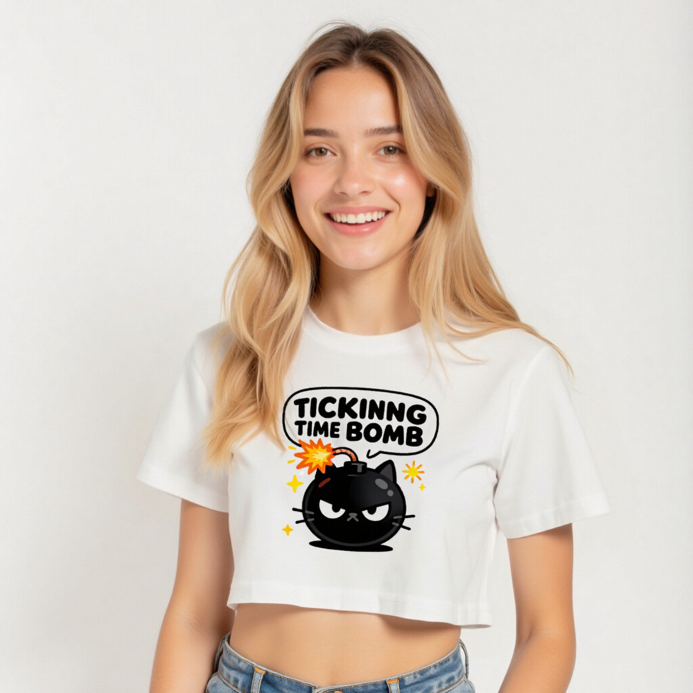 Women's Crop Top - Ticking Time Bomb Cat Graphic Tee, Short Sleeve, Casual Fit - Image 5