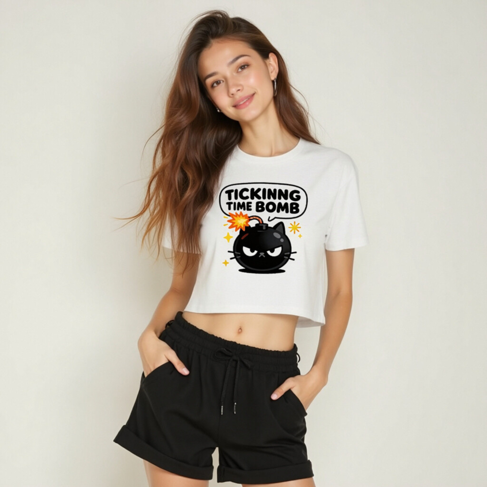 Women's Crop Top - Ticking Time Bomb Cat Graphic Tee, Short Sleeve, Casual Fit - Image 6