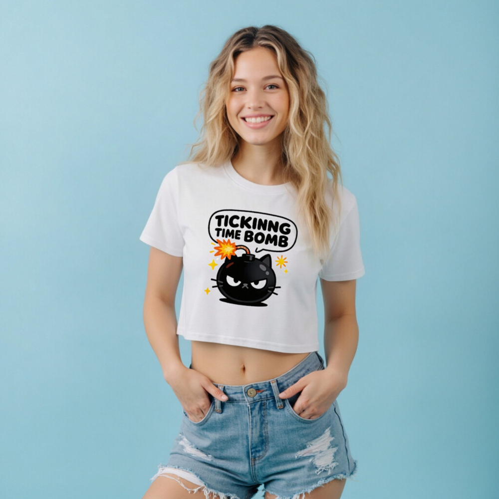 Women's Crop Top - Ticking Time Bomb Cat Graphic Tee, Short Sleeve, Casual Fit - Image 7