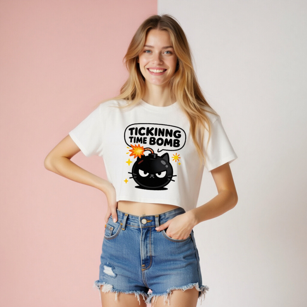 Women's Crop Top - Ticking Time Bomb Cat Graphic Tee, Short Sleeve, Casual Fit - Image 8