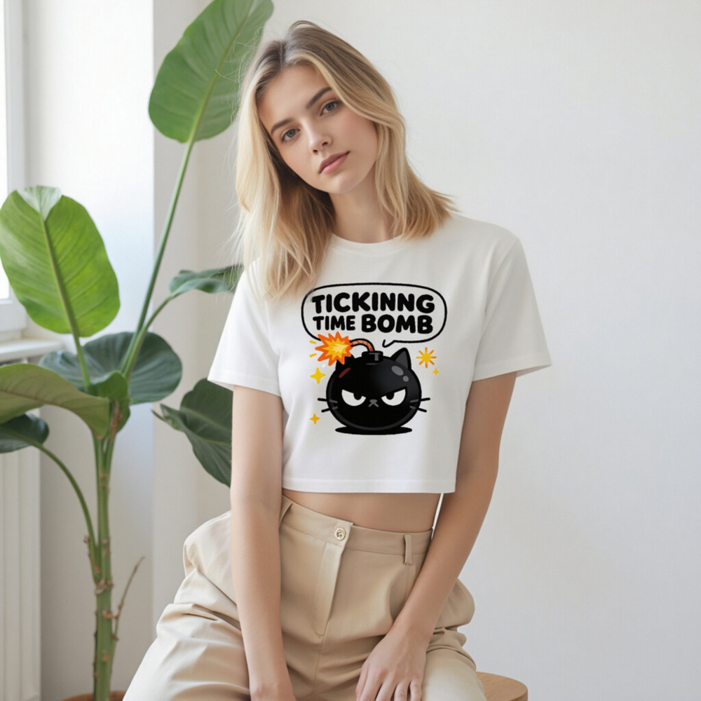 Women's Crop Top - Ticking Time Bomb Cat Graphic Tee, Short Sleeve, Casual Fit - Image 9