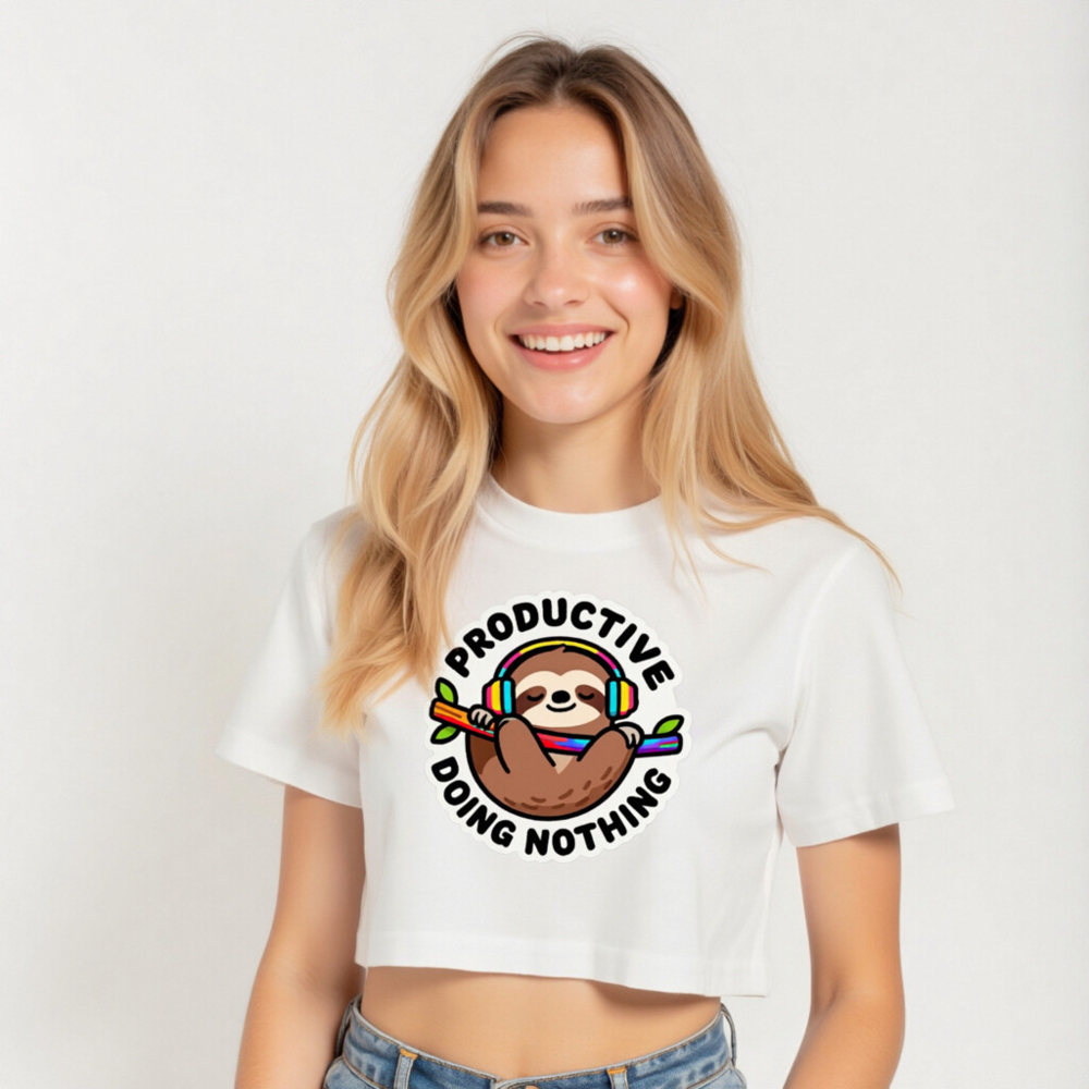 Women's Crop Top - Sloth with Headphones, 'Productive Doing Nothing' Funny Tee - Image 5
