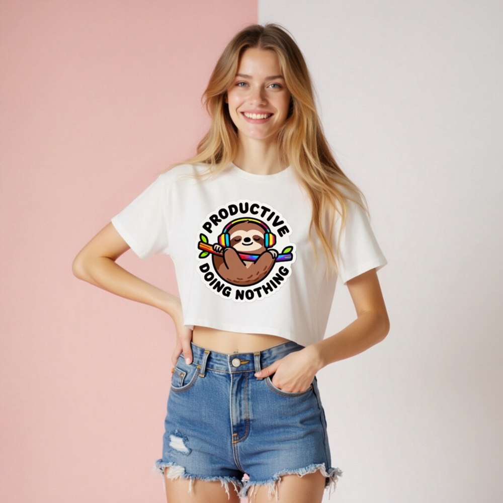 Women's Crop Top - Sloth with Headphones, 'Productive Doing Nothing' Funny Tee - Image 8