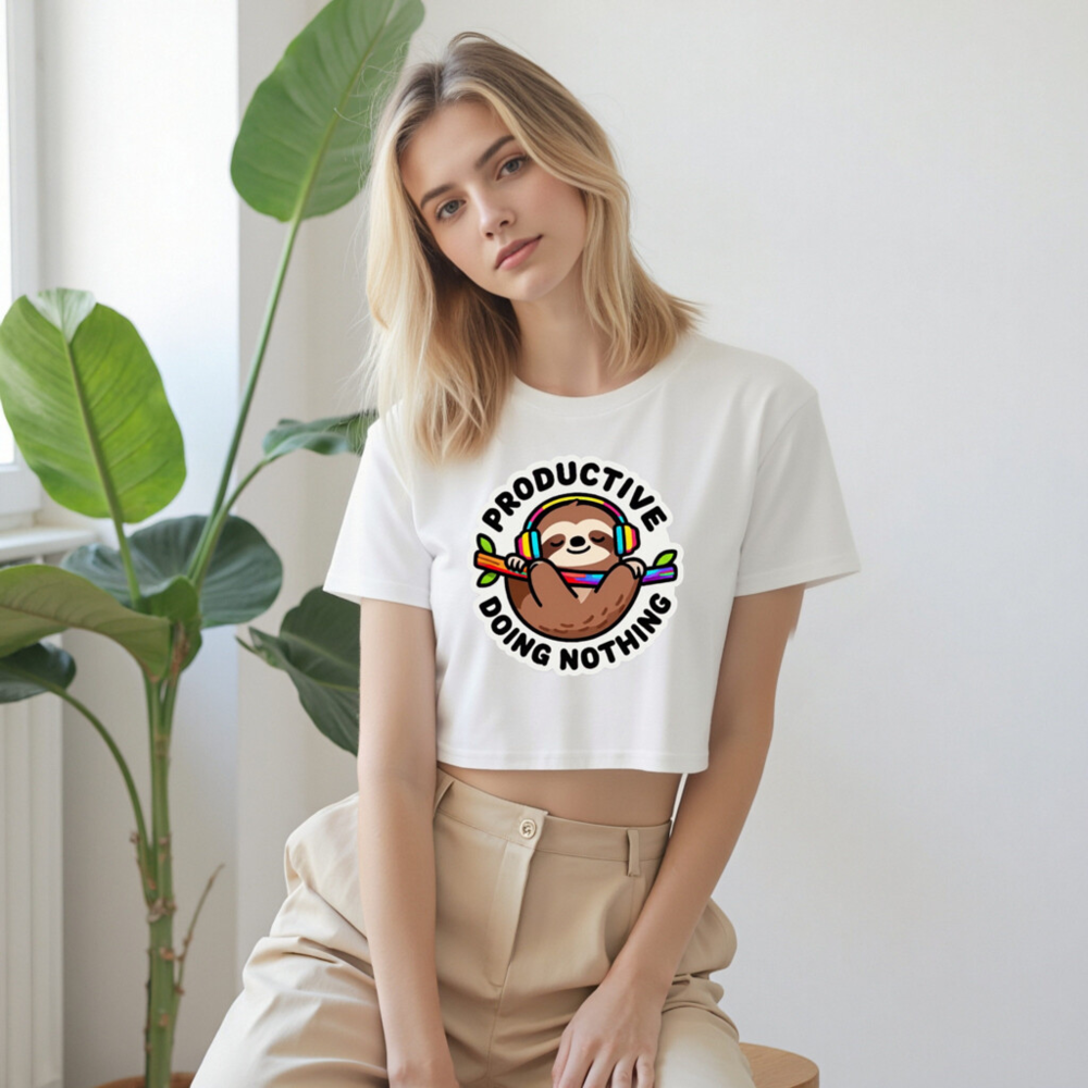 Women's Crop Top - Sloth with Headphones, 'Productive Doing Nothing' Funny Tee - Image 9