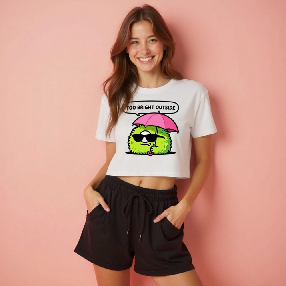 Women's Crop Top - Green Fuzzy Monster with Pink Umbrella, 'Too Bright Outside' Funny Tee - Image 2